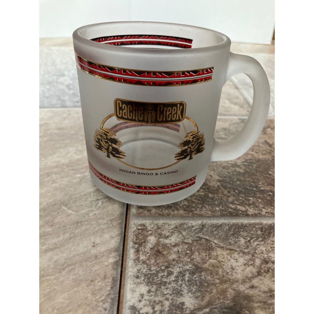 Vintage Cache Creek Indian Bingo Casino Frosted Glass Mug Made in USA Souvenir